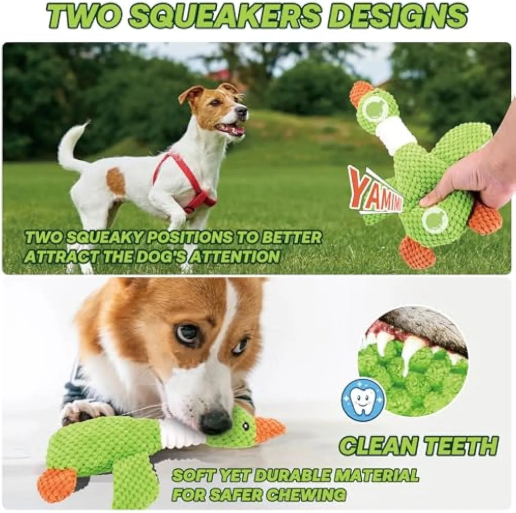 Blue durable plush duck dog toy with squeakers for large breed chewing and play.