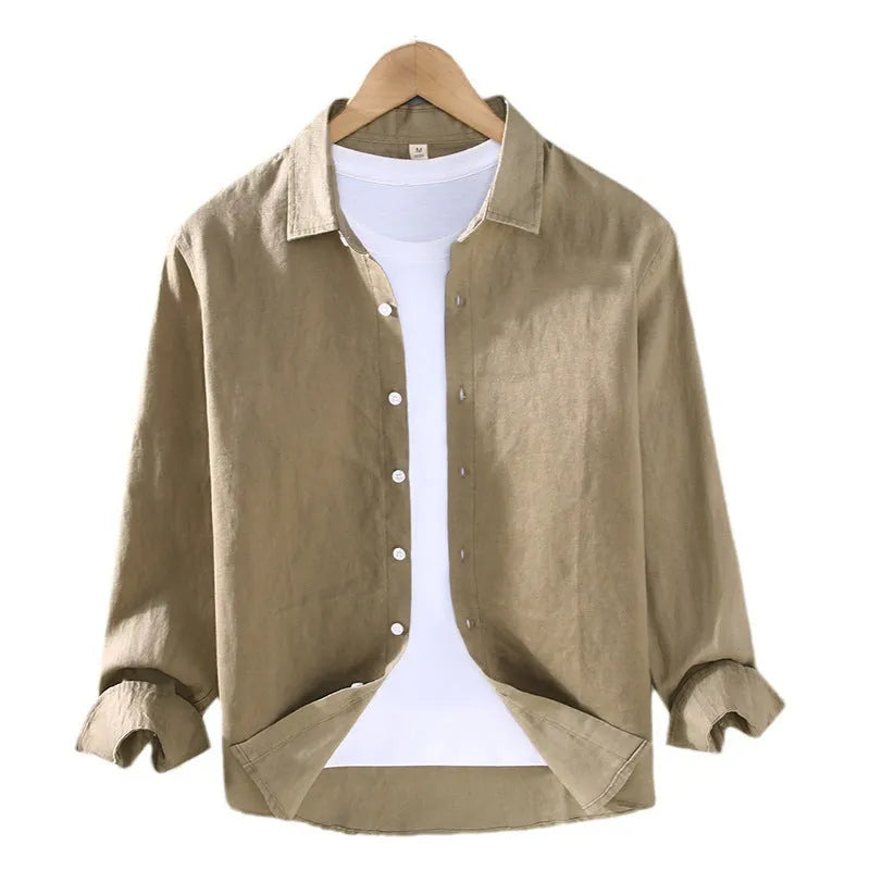 Pure linen men's cardigan shirt in solid colour with long sleeves and simple design