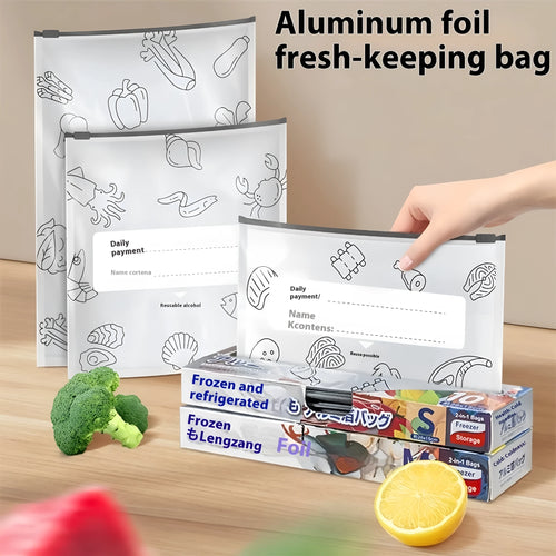 A pack of ten aluminium foil fresh-keeping bags in small, medium, and large sizes, shown in both bag and box styles.