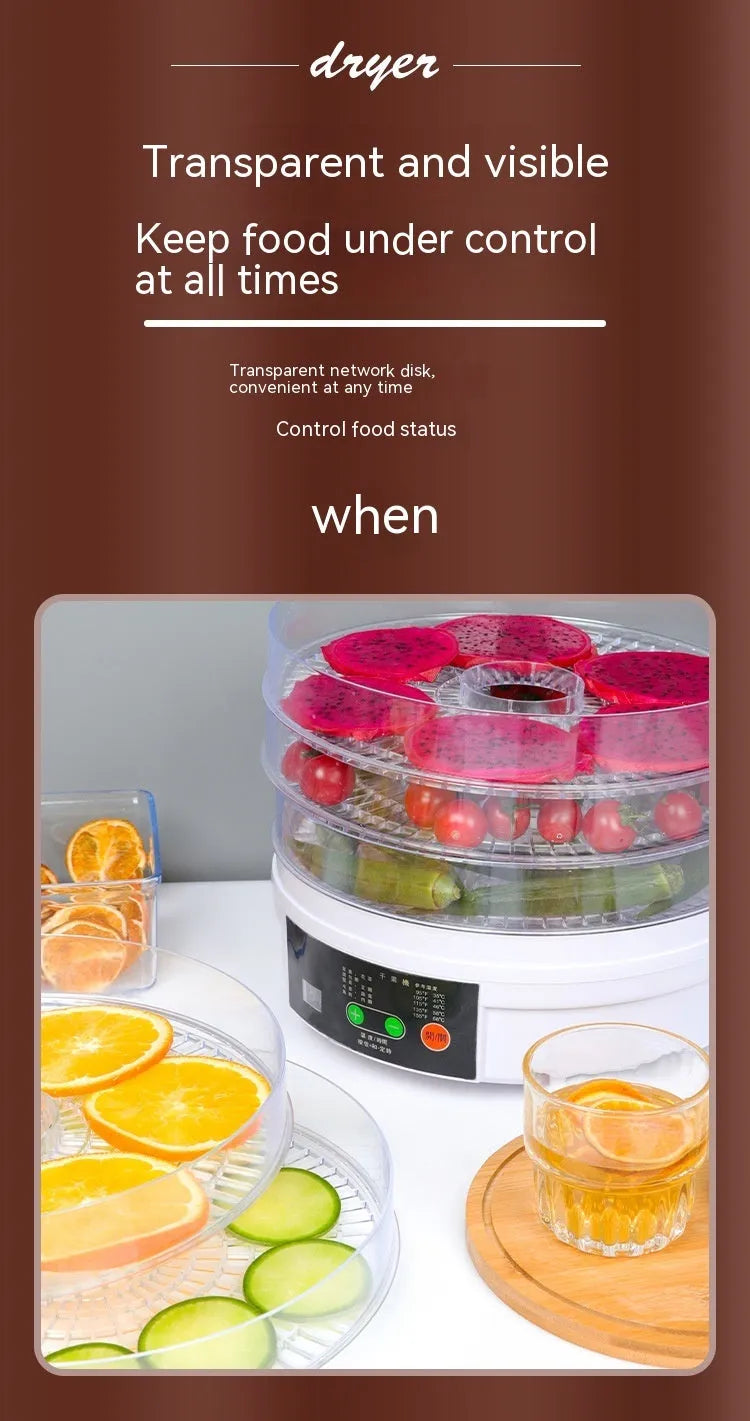 Five-layer household food dehydrator with UK plug on kitchen countertop