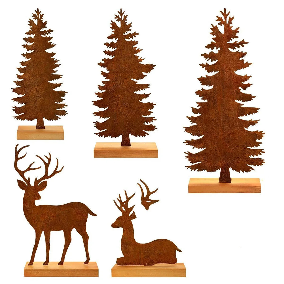 Set of three rustic metal Christmas tree elk ornaments with distressed iron finish.