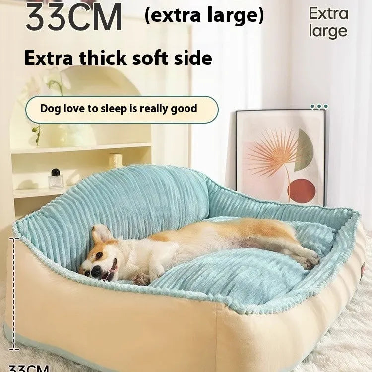 Morandi colour kennel-style washable pet bed for dogs and cats on a sofa, shown in two sizes.