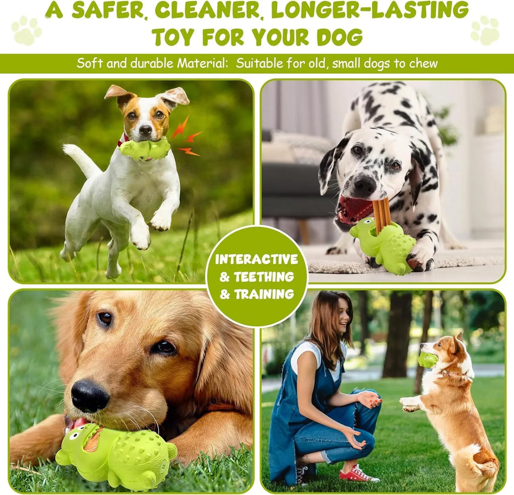 Green and yellow natural rubber squeaky dog toy for aggressive chewers