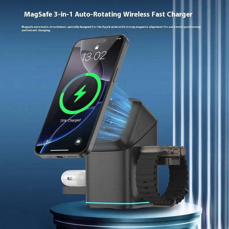 Mobile phone magnetic wireless charging stand showing 180-degree rotation capability