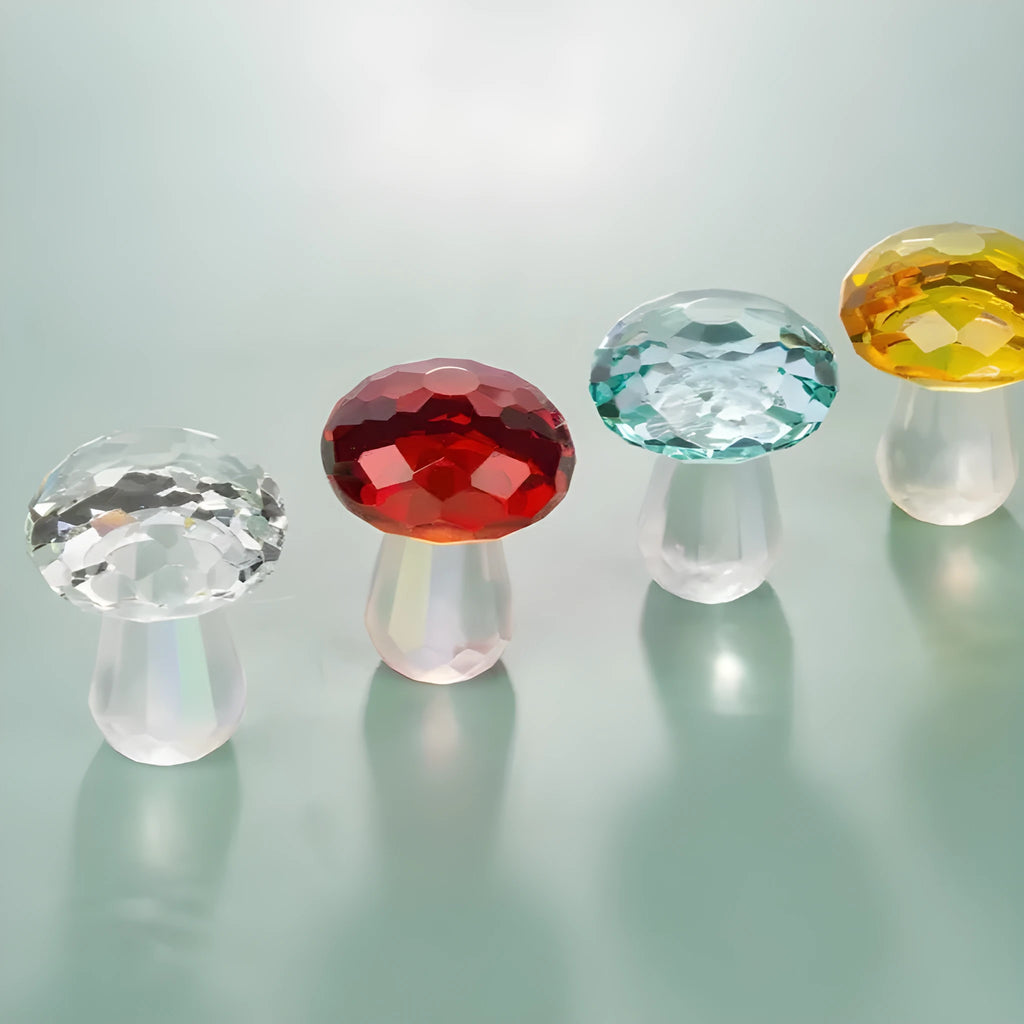 Small crystal mushroom decoration in modern geometric design, 40mm by 53mm.