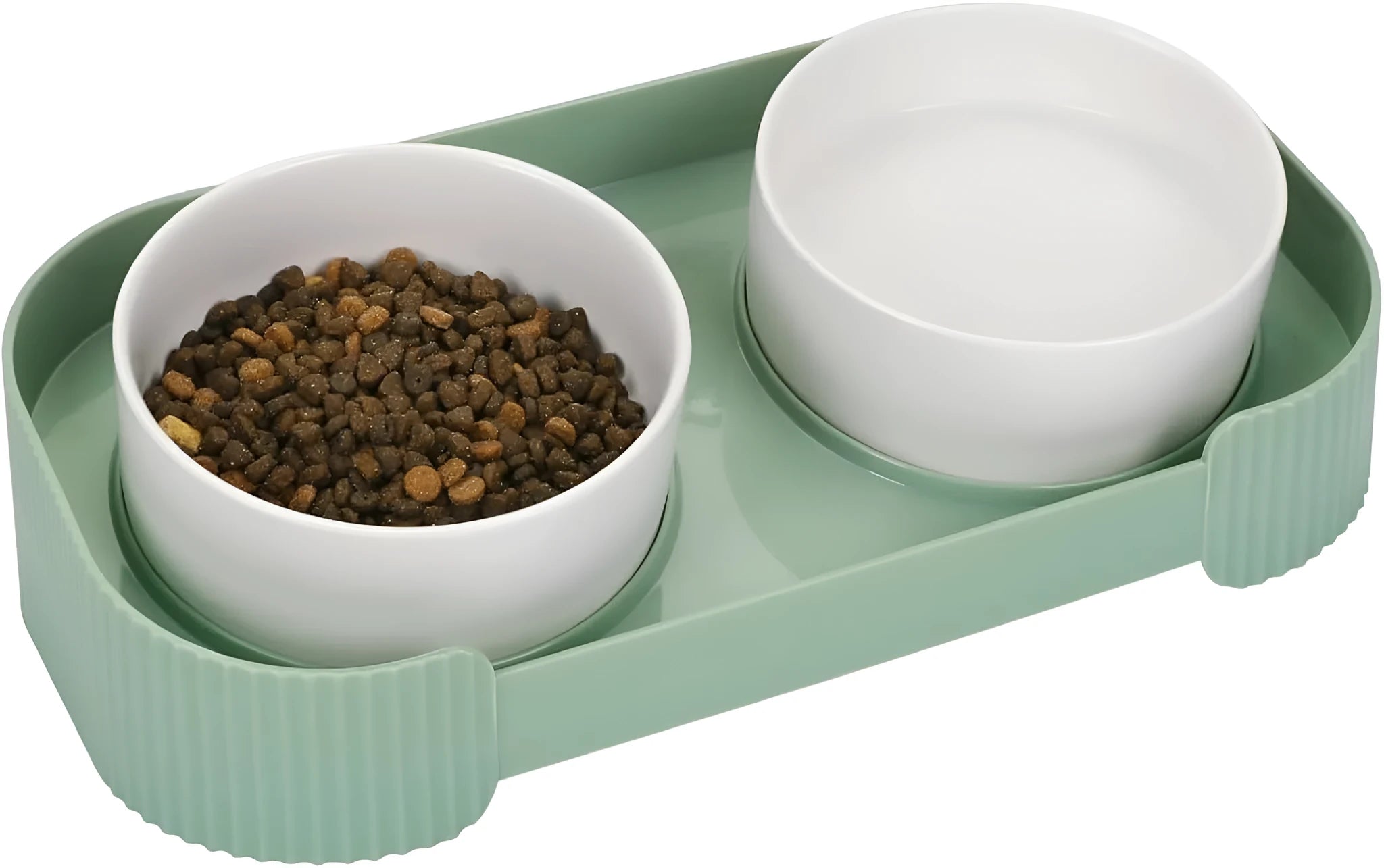 Green ceramic elevated cat bowls with tilted design on non-slip base for food and water