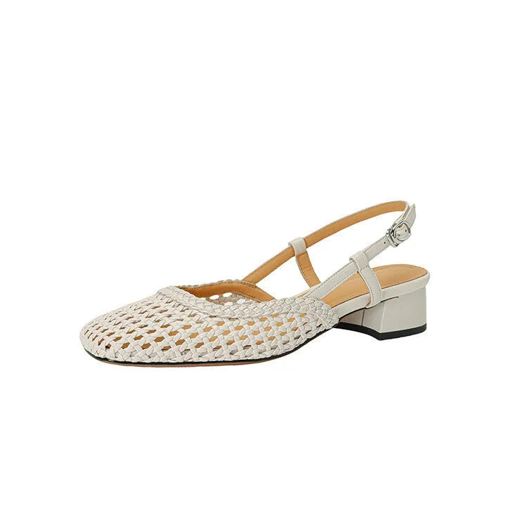 Women's beige woven hollow-out sandals with closed toe, buckle, and chunky 4cm heel on a rubber sole.