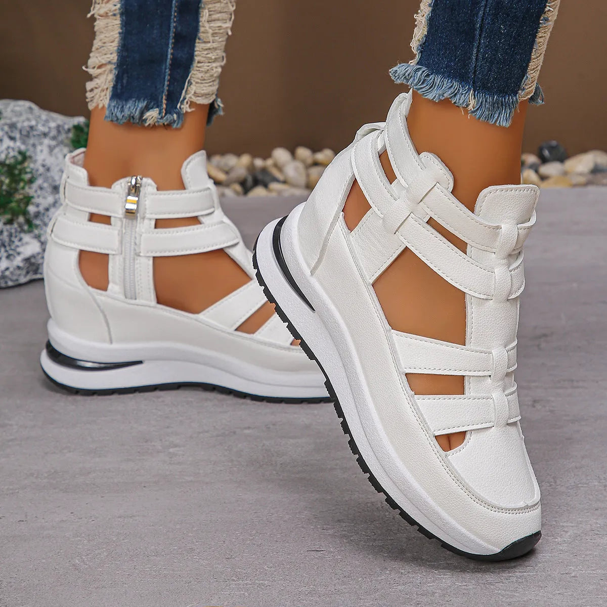 Women's black close-toed hollow-out platform sandals with Velcro strap and rubber sole