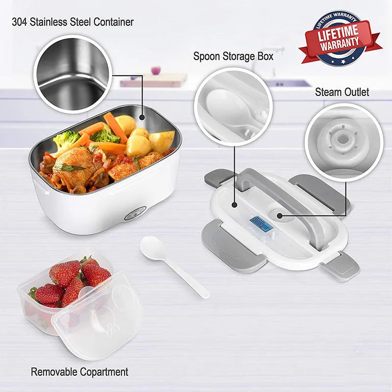 Grey dual-purpose electric lunch box for car and home use with removable food tank