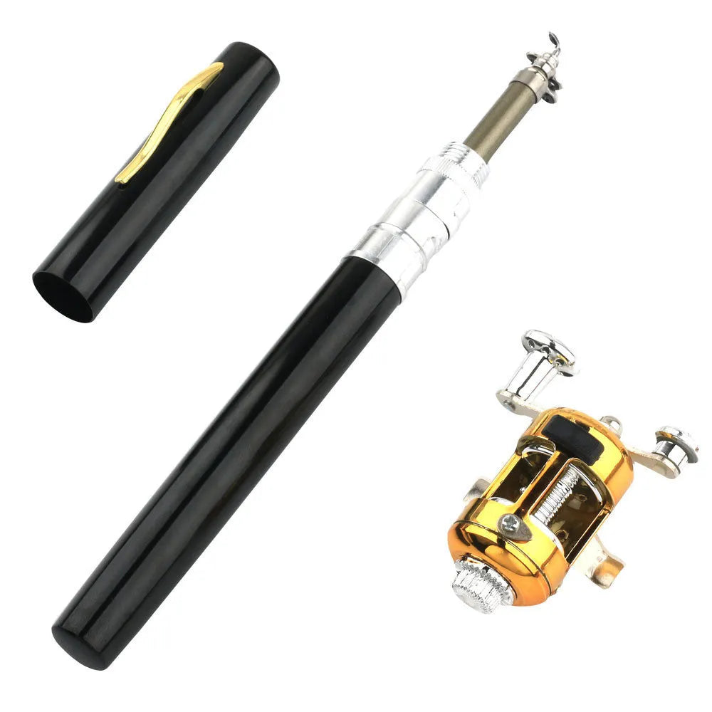 Compact telescopic pocket fishing rod kit with ST5RL reel in aluminium pen case, shown collapsed and extended.
