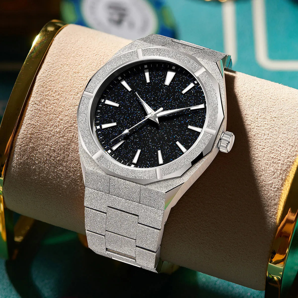 Men's stainless steel business watch with frosted case and luminous markers in silver, gold or black