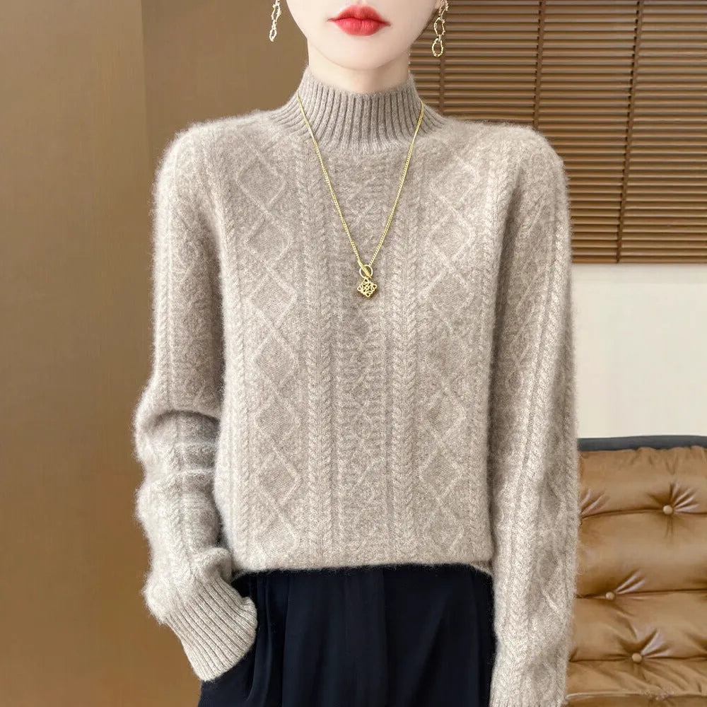 Women's semi-high neck loose knit sweater in solid colour with regular sleeves