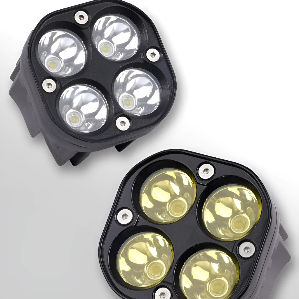Four-eye vehicle headlight spotlight with aluminium mounting base in white or yellow light options