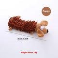 Plush microfibre dog toy with horse molar texture in various animal designs including brown dog and yellow duck