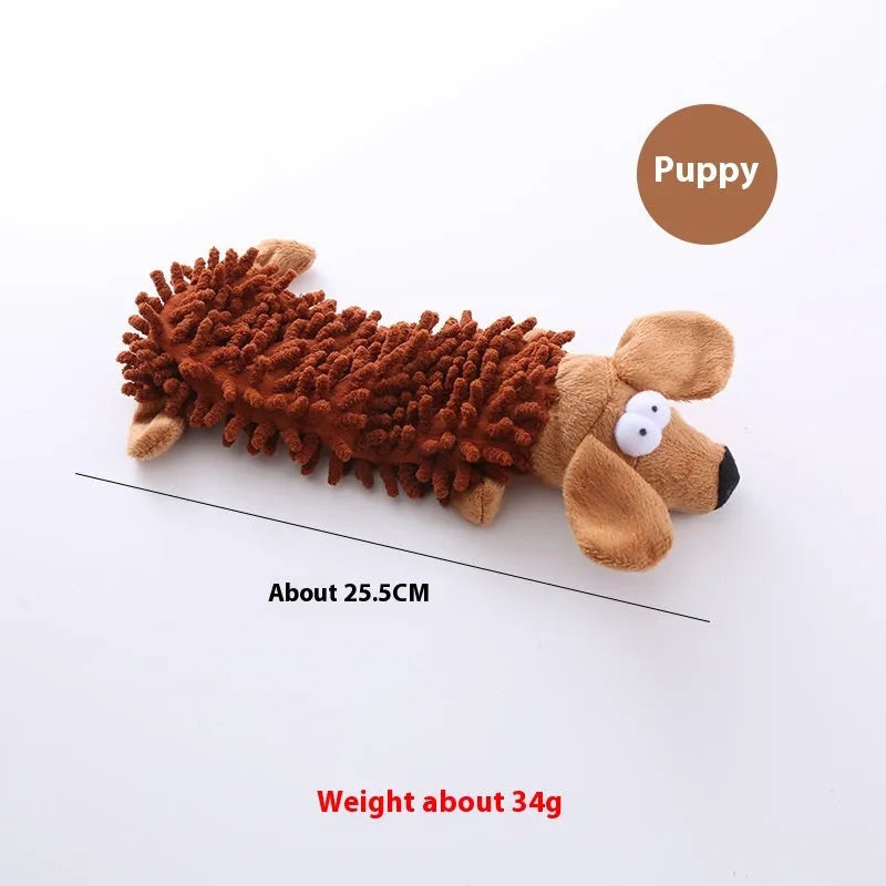 Plush microfibre dog toy with horse molar texture in various animal designs including brown dog and yellow duck