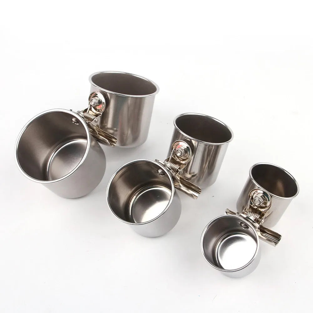 Stainless steel bird feeder outdoor food container in natural metallic colour.