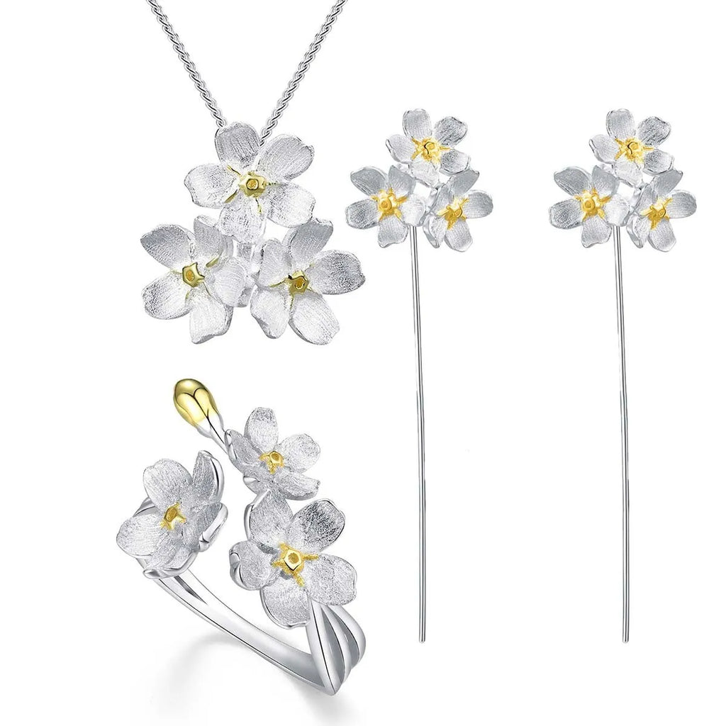 Myosotis sylvatica sterling silver pendant charm with open mouth flower design in gold or silver electroplated finish