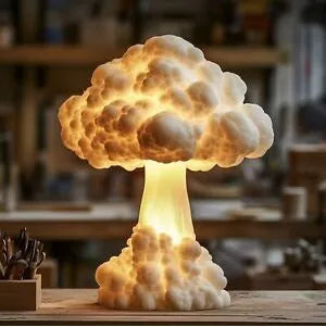 Modern art mushroom cloud shaped table lamp with USB power connection on wooden surface