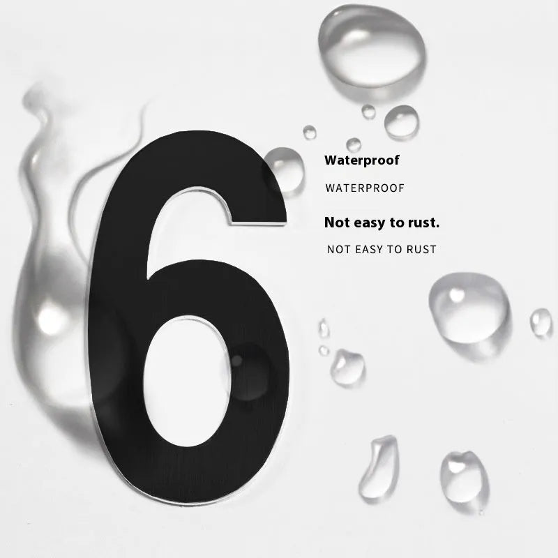 Black stainless steel sticky house number set showing individual letters and digits, 7.5cm in size.