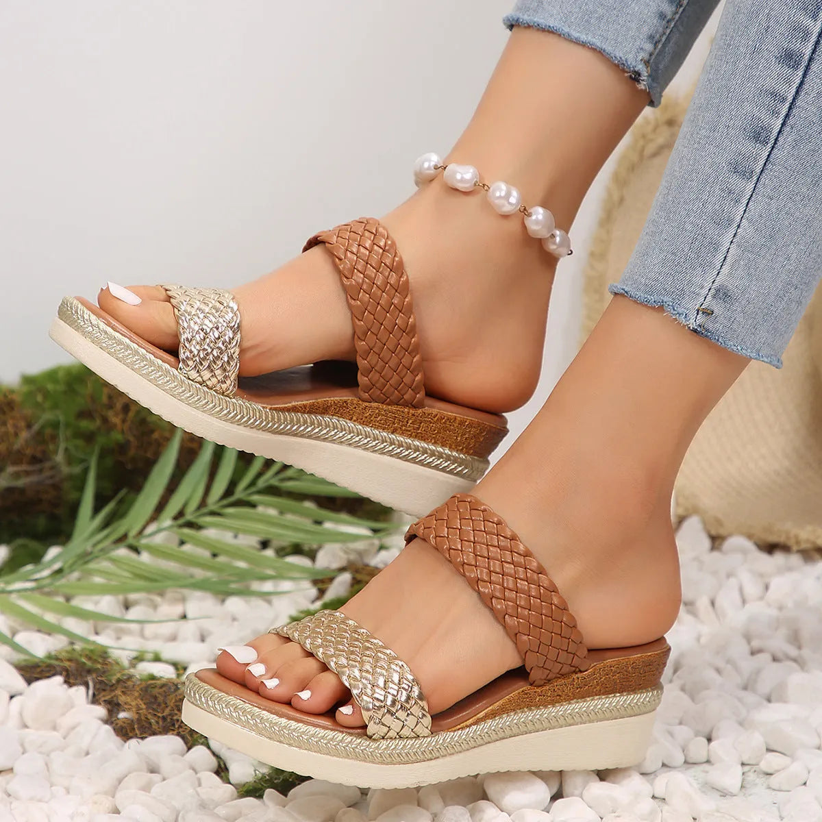 Gold and silver plus size wedge sandals for women with rubber soles in EU sizes 36-43