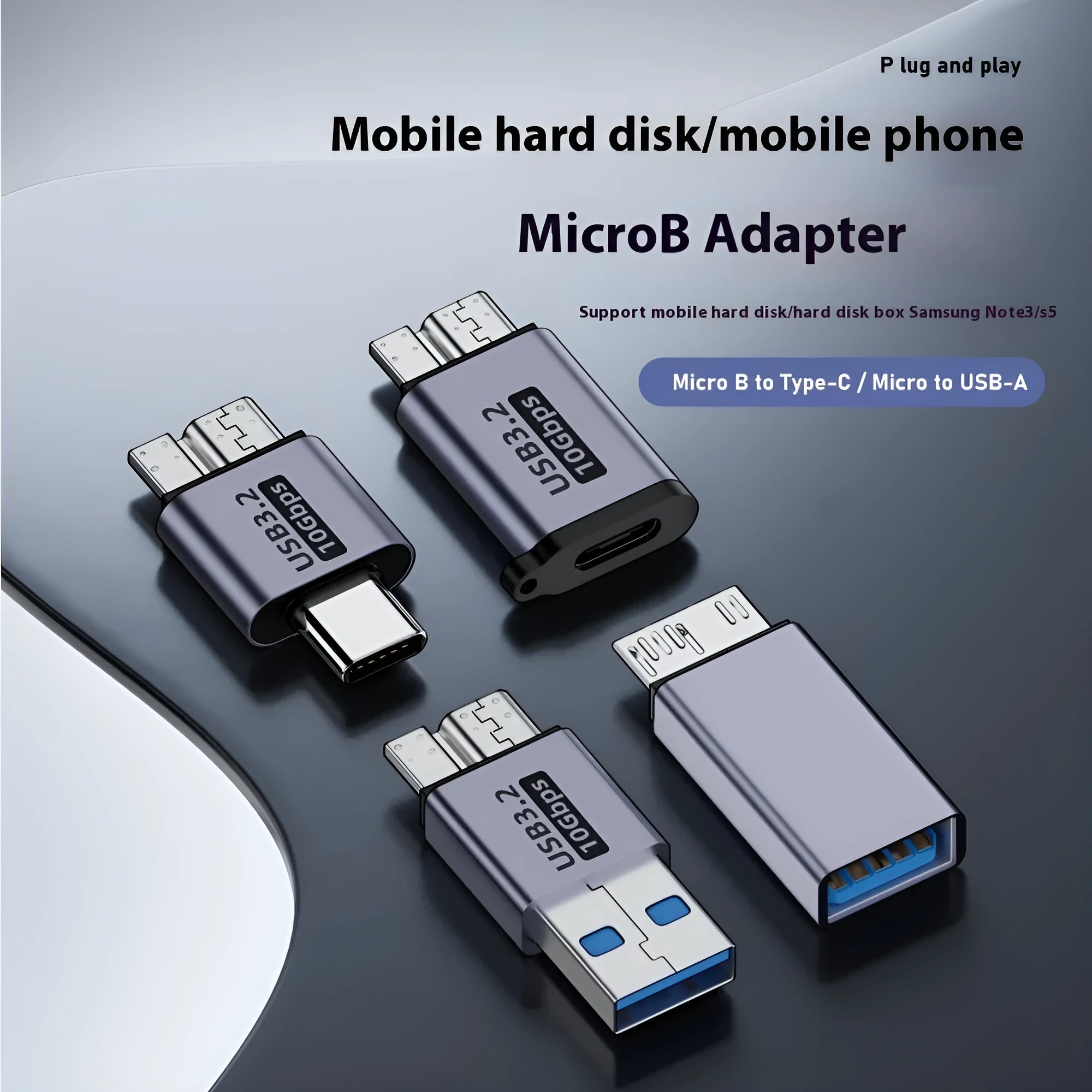 Micro USB B adapter converter showing Type-C and USB-A to Micro B male plug connections for charging and data transfer.