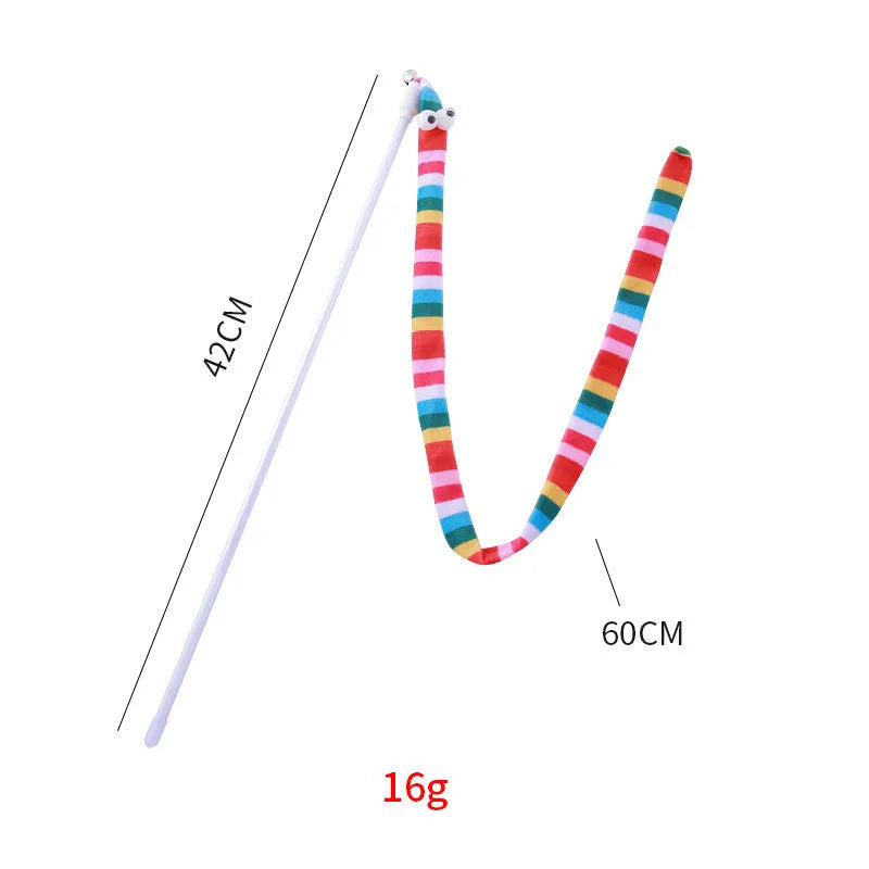 Long cat wand toy with a colourful plush strip and bell for interactive play with cats