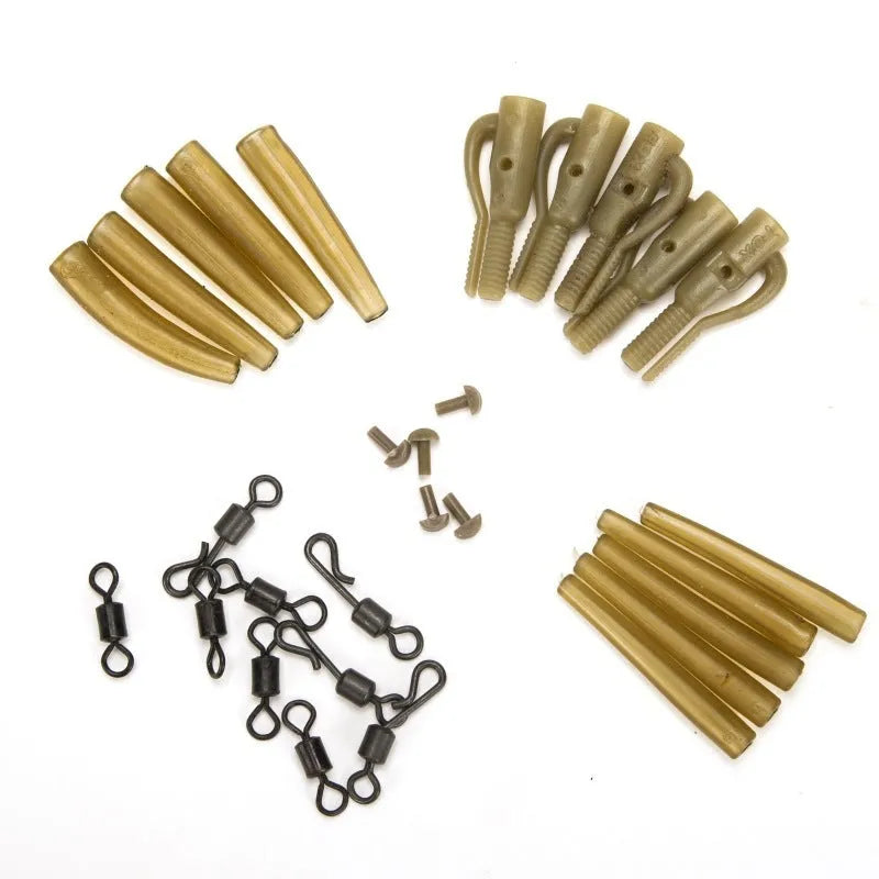 European carp fishing accessory set showing anti-winding pipes, threaded hoses, rotation pieces and screws