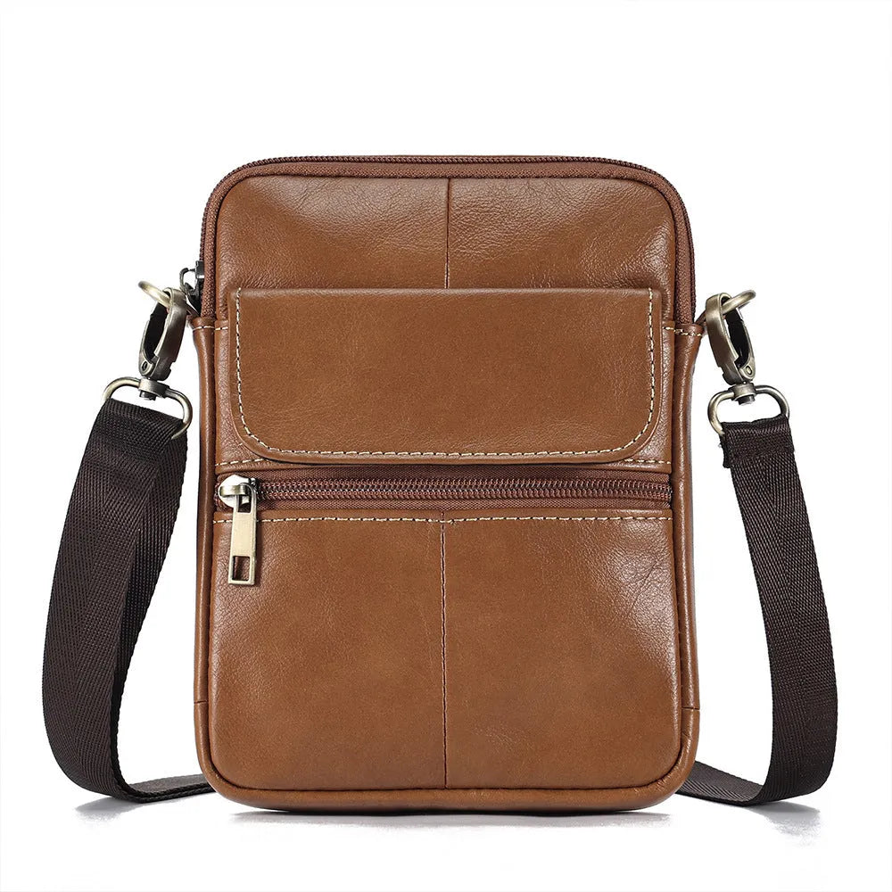 Men's brown leather crossbody shoulder bag with visible sewing detail