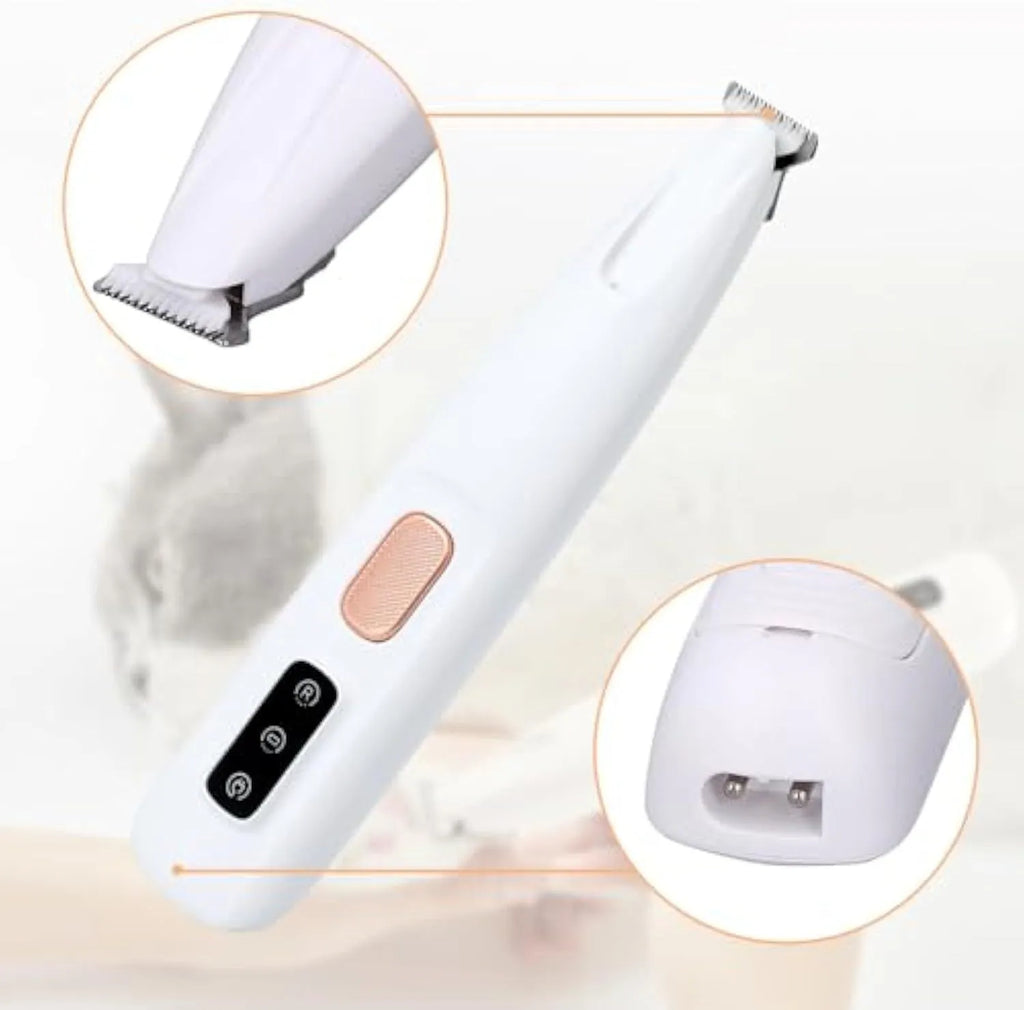 White electric dog paw trimmer with LED light showing compact 17.7cm design