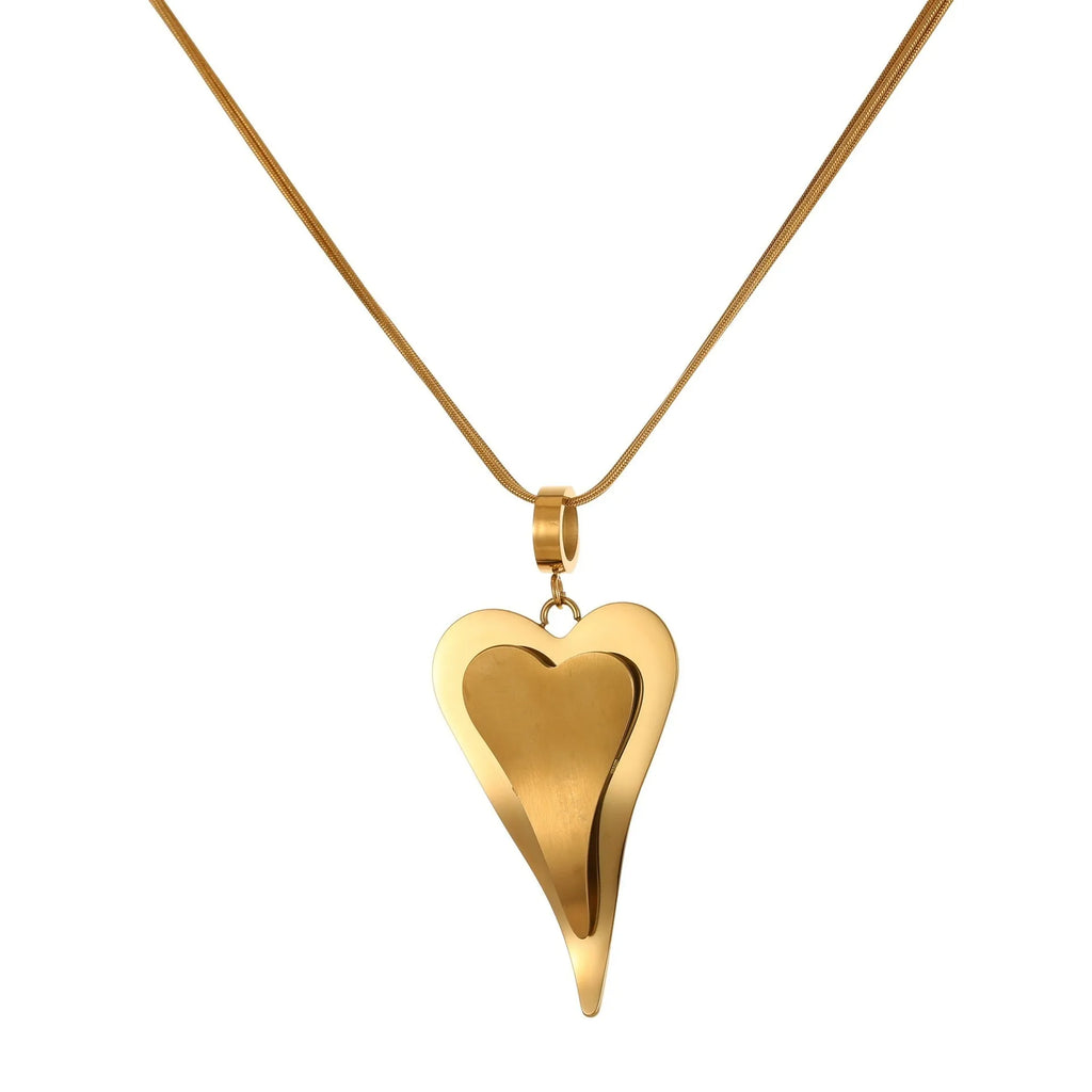 Double heart geometric pendant with snake bones chain stainless steel necklace in gold or steel finish