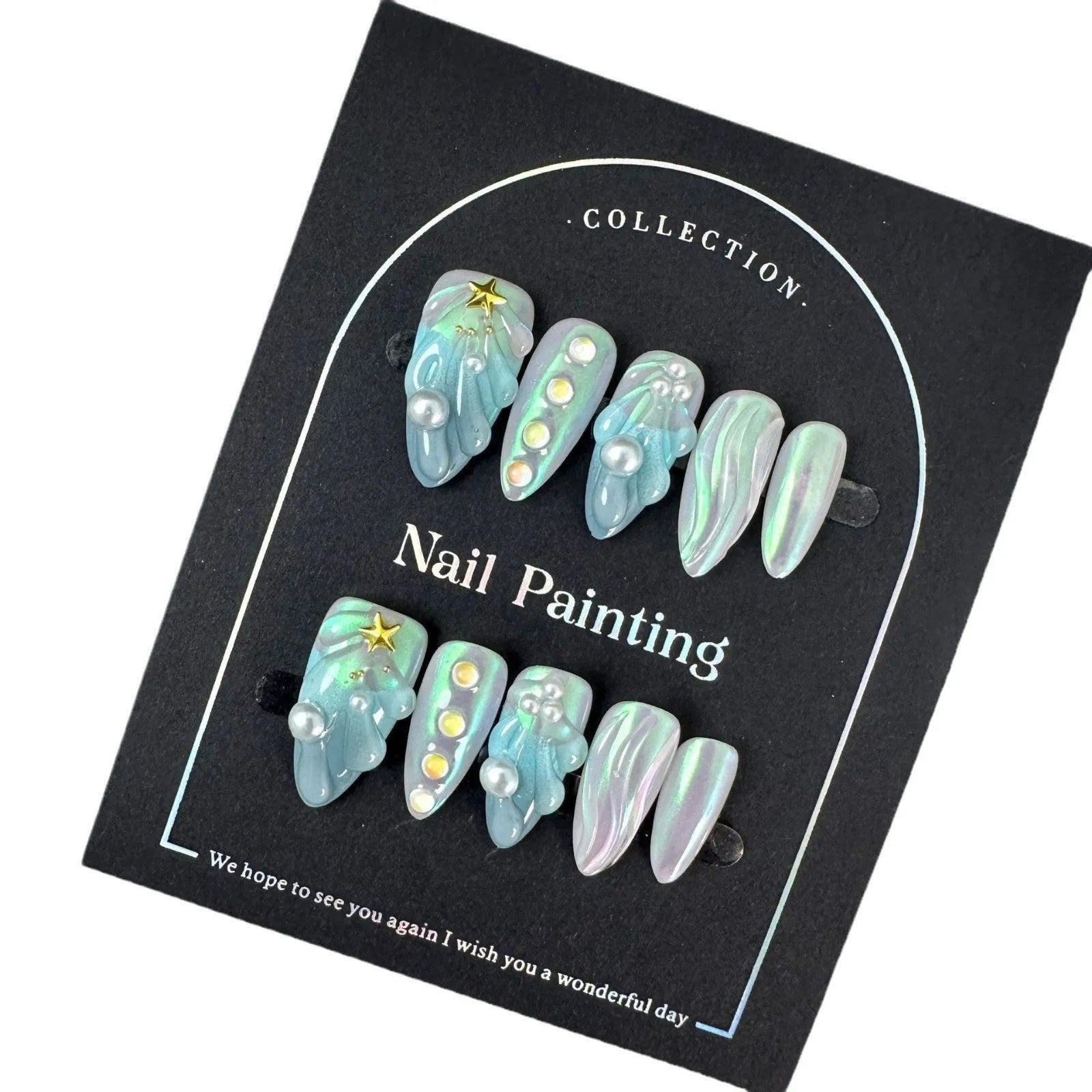 HAILANG blue plastic artificial nail tips set showing sizes XS, S, M, L for French manicure.