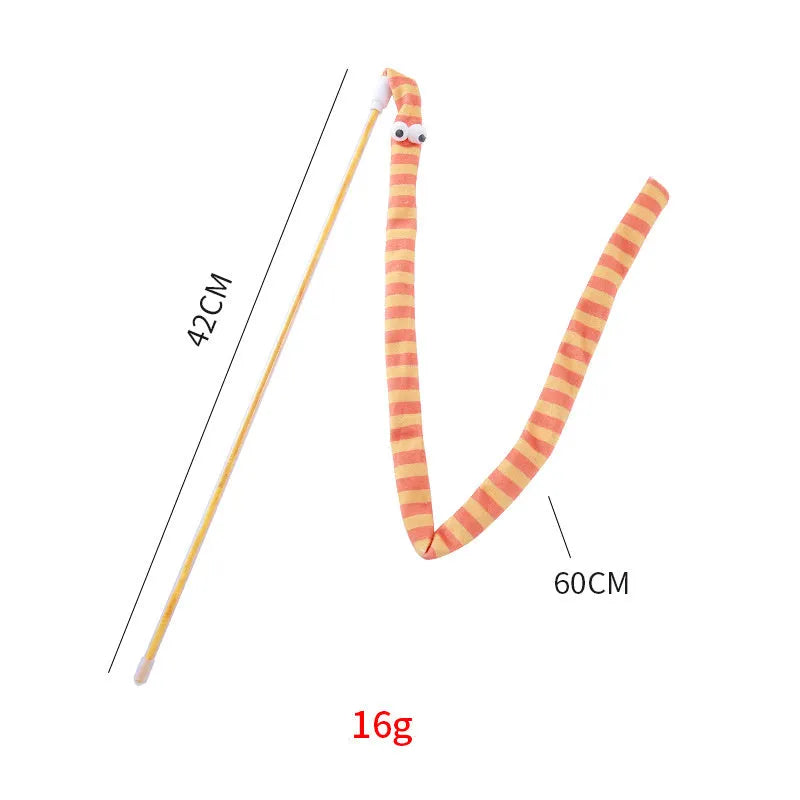 Long cat wand toy with a colourful plush strip and bell for interactive play with cats
