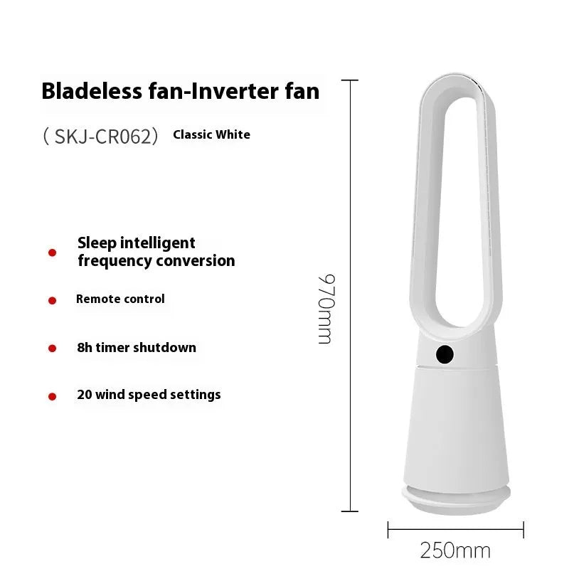 White bladeless tower fan with a remote control on a desk