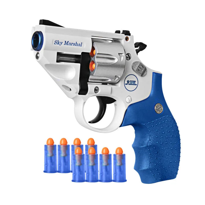 Alloy hand small gun simulation toy model in PA/nylon, sky blue colour, on display