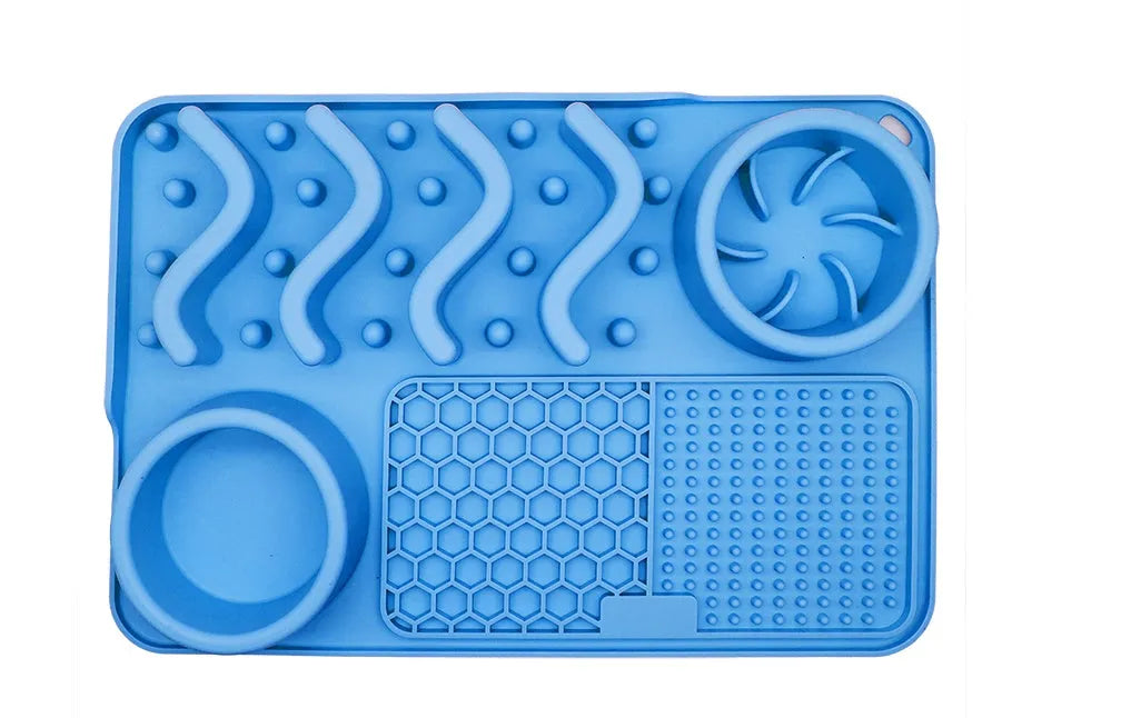 Multi-functional silicone pet slow feed lick mat in black, 304x204x42mm, foldable and portable for dogs cats