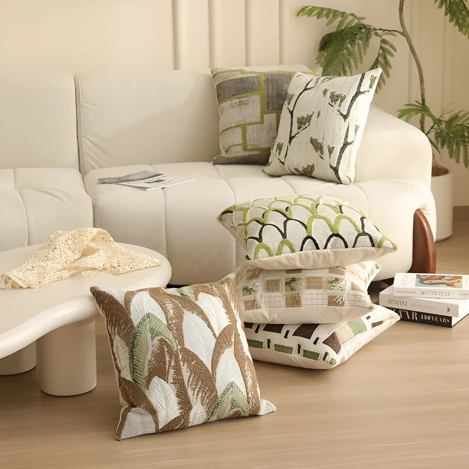 45cm square Jacquard woven cushion cover with retro plant pattern in multiple colour options