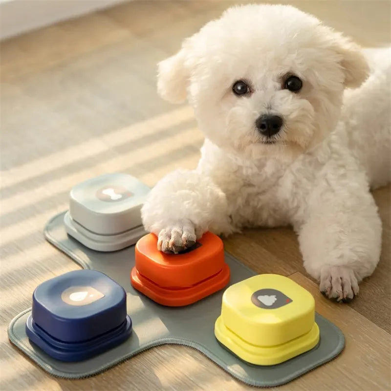 Pet communication button in orange, blue, grey, and yellow with optional 4-grid mat