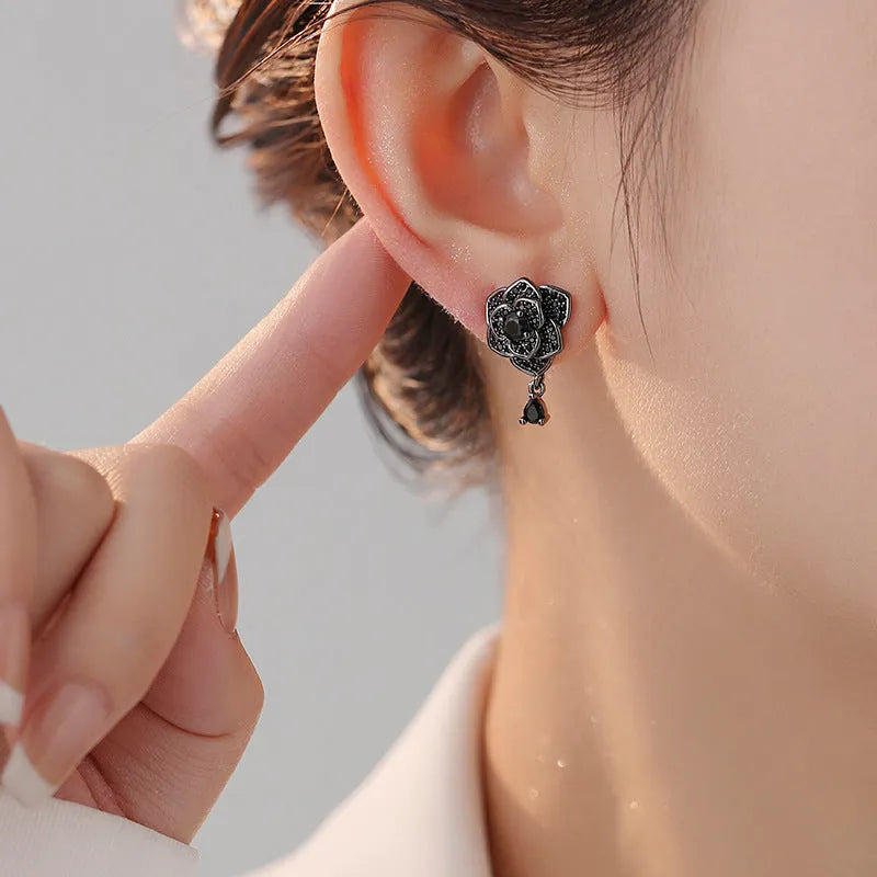 Black rose zircon flower stud earrings with 18K gold-plated copper setting