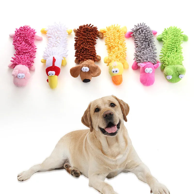 Plush microfibre dog toy with horse molar texture in various animal designs including brown dog and yellow duck