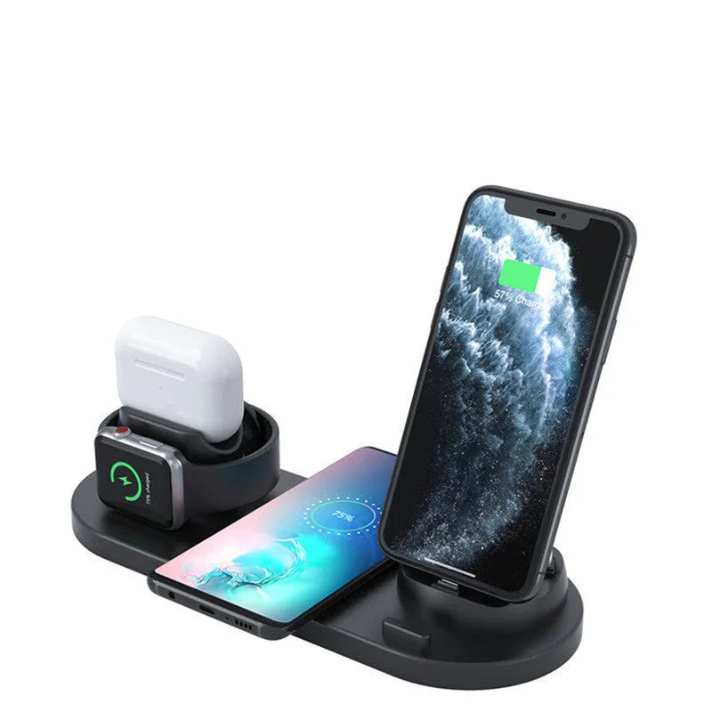 Black 6-in-1 wireless charging station holding phone with AirPods and watch charging
