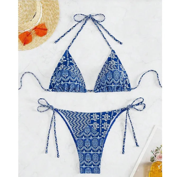 Women's polyester split bikini swimsuit with bandage-style stitching in multiple colour options
