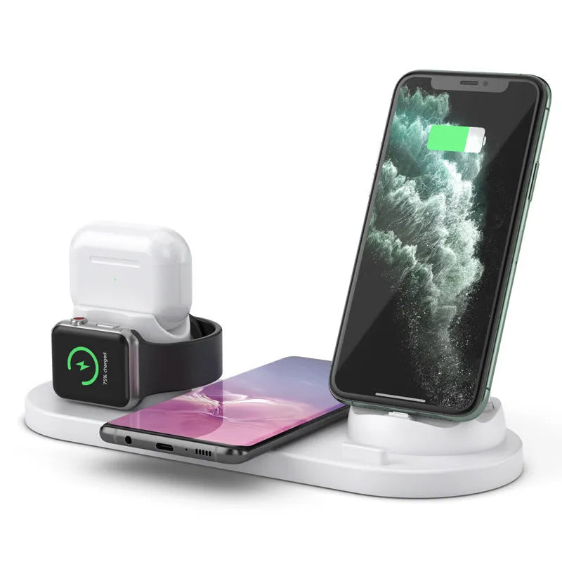 Black 6-in-1 wireless charging station holding phone with AirPods and watch charging