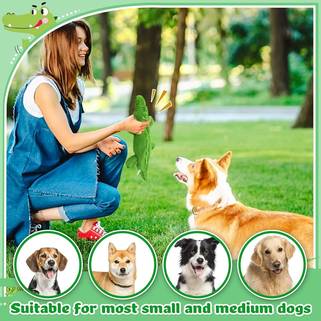 Green crocodile-shaped squeaky dog toy with crinkle paper tail for aggressive chewers