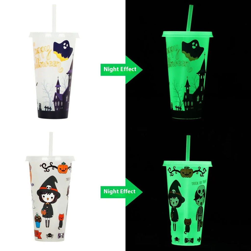 A tall 720ml plastic Halloween-themed cup with a luminous straw, shown in one of six available colours.