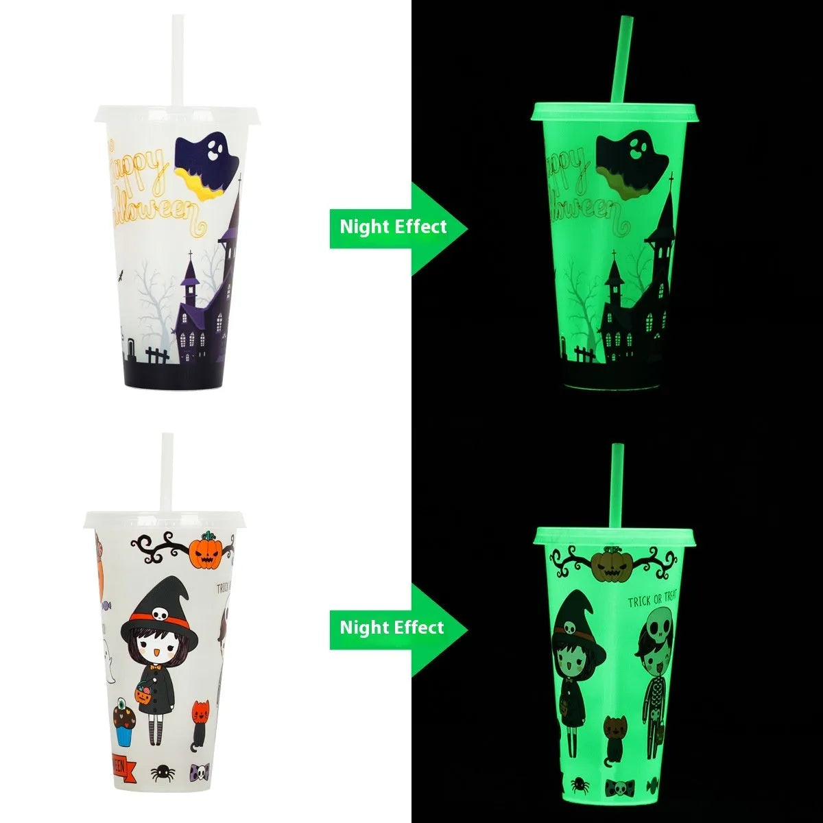 A tall 720ml plastic Halloween-themed cup with a luminous straw, shown in one of six available colours.
