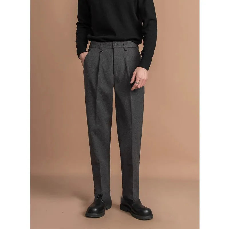 Men's straight-leg polyester pants in black with draped business casual design