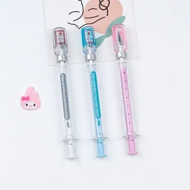 Vaccine themed gel pen with plastic cap, black 0.5mm refill, showing 15.7cm length.