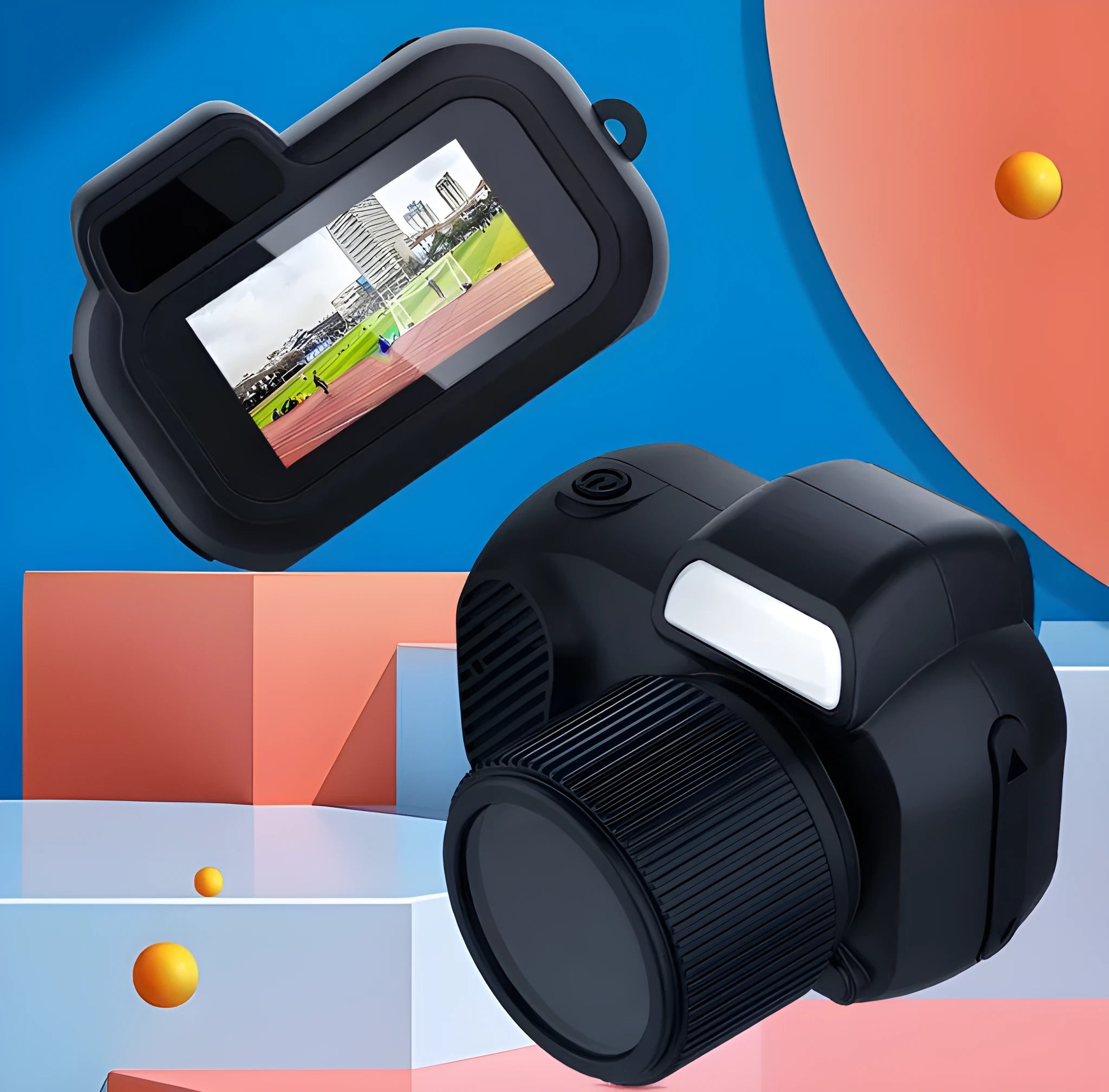 Black Y3000 HD sports camera with small display screen, shown with a memory card.
