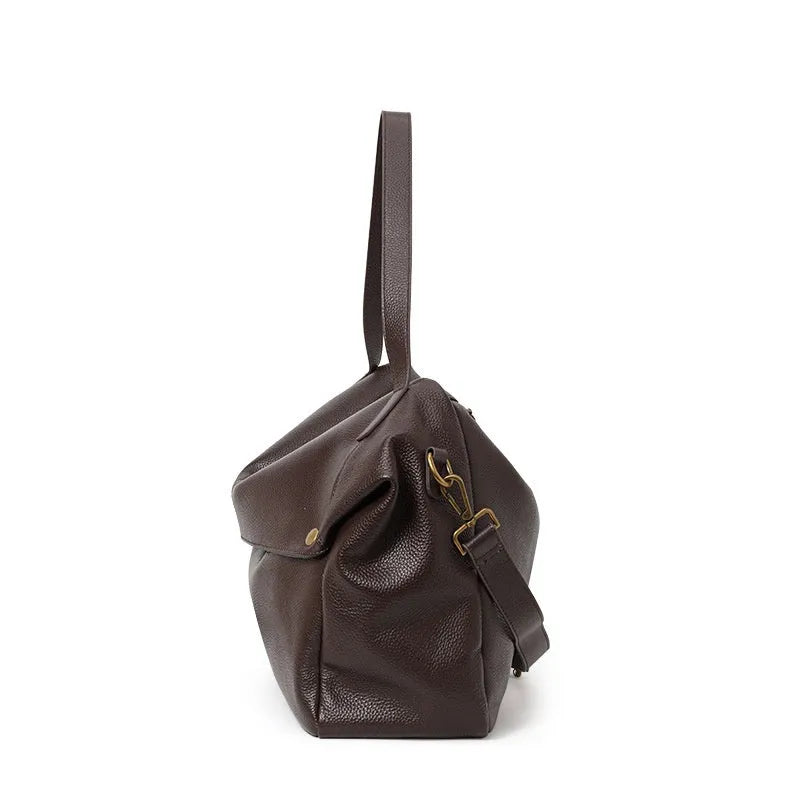 Brown genuine leather women's commuter shoulder bag showing horizontal square design