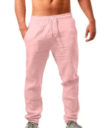 Breathable cotton linen loose sports trousers with drawstring waist in khaki, front view